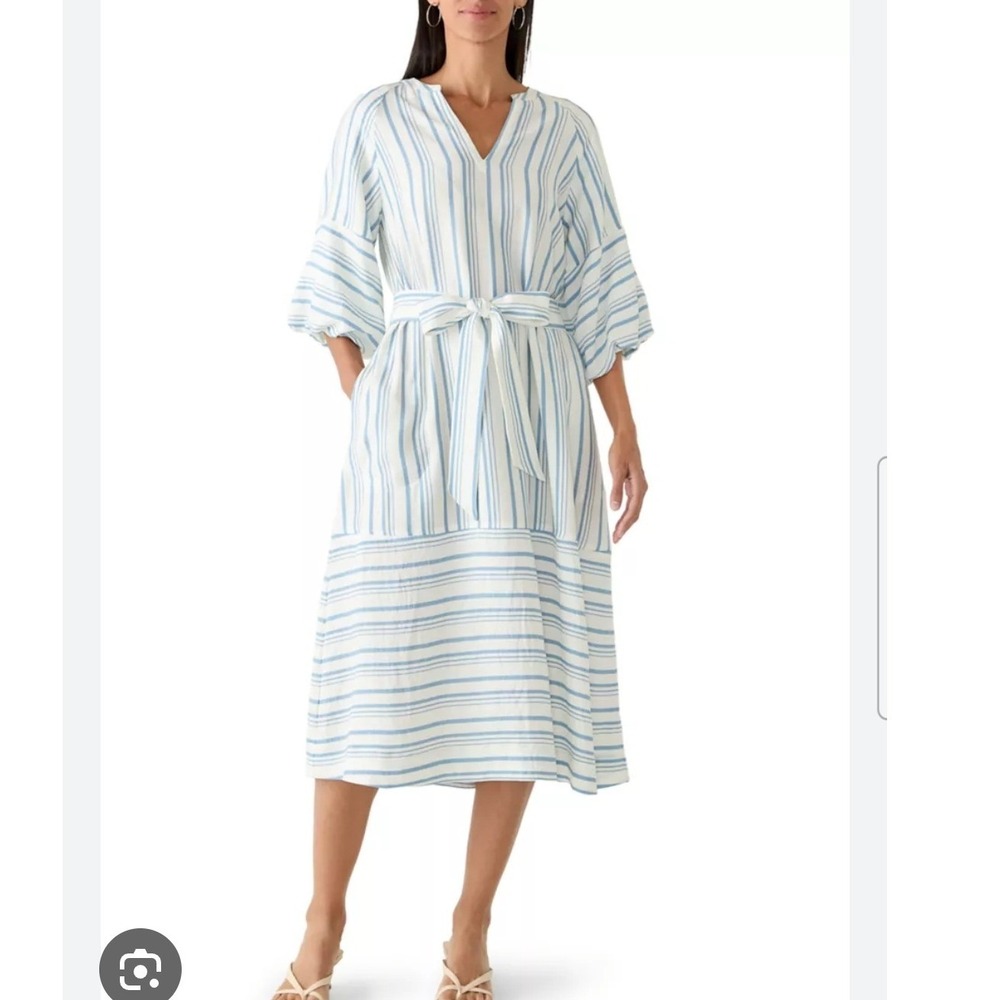 Hampton House Blue White Striped Puff Sleeve Midi Dress Coastal Beachy